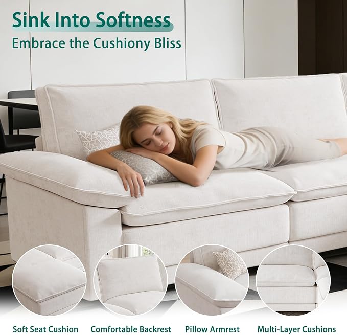 Modern L Shaped Sofa Couches for Living Room, Modular Sectional Cloud Couch with Movable Ottoman, Comfy Chenille Sofa for Apartment and Small Space, Beige