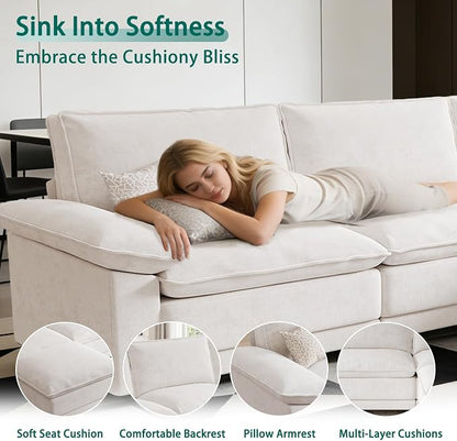 Modern L Shaped Sofa Couches for Living Room, Modular Sectional Cloud Couch with Movable Ottoman, Comfy Chenille Sofa for Apartment and Small Space, Beige