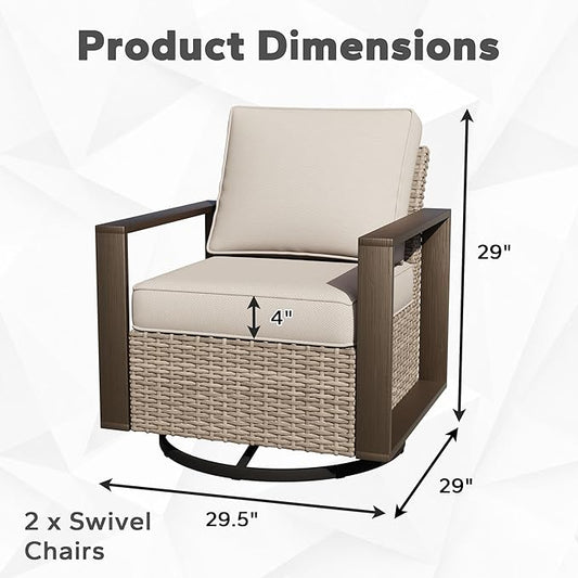 Joyside Outdoor Patio Swivel Rocker Chairs Set, 2 Pieces Wicker Rattan Chairs with Metal Wide Armrest, Thick Cushions and Deep Seating for Garden, Backyard, Porch, Deck