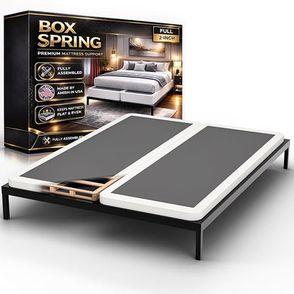 Box Spring Bed Base Full Size, 2-Inch Wood Mattress Foundation - Amish Made in USA – Quiet Noise Free, Under Mattress-Support BoxSpring, Fully Assembled, White
