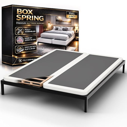 Box Spring Bed Base Full Size, 2-Inch Wood Mattress Foundation - Amish Made in USA – Quiet Noise Free, Under Mattress-Support BoxSpring, Fully Assembled, White
