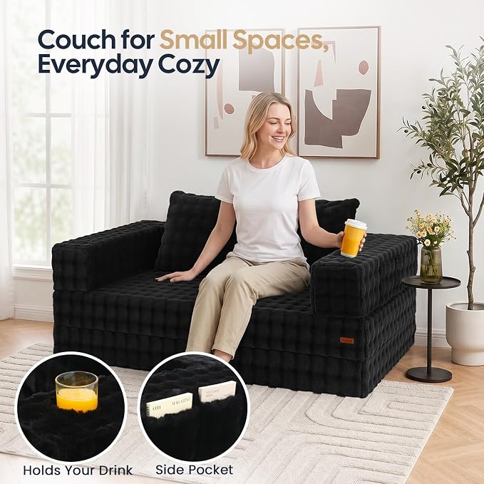 COMAX Futon Sofa Bed, Convertible Sofa Bed, Folding Boneless Couches | Boneless Couch for living room, Fold Out Small Foldable Loveseat Floor Sleeper Mattress Lounge Space‑Saving, Dark Black