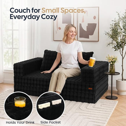 COMAX Futon Sofa Bed, Convertible Sofa Bed, Folding Boneless Couches | Boneless Couch for living room, Fold Out Small Foldable Loveseat Floor Sleeper Mattress Lounge Space‑Saving, Dark Black