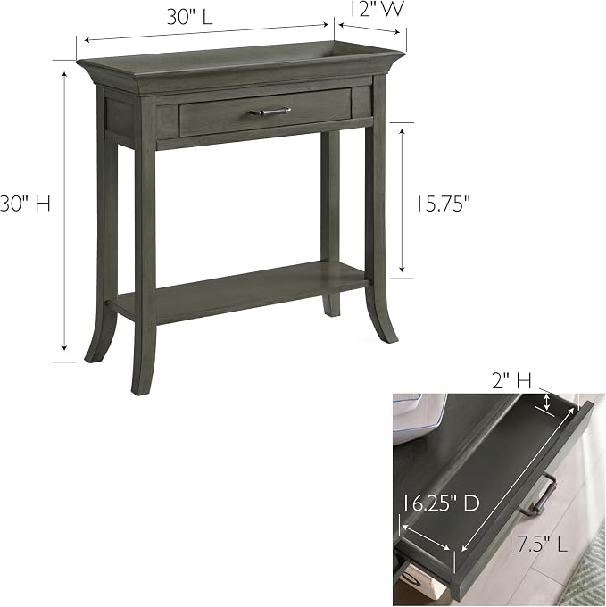Topol Tray Edge Solid Wood Console Table with Drawer and Shelf, Smoke Gray Wash, Perfect for Entryways, Hallways, and Living Rooms – Leick Home, 10127-GR