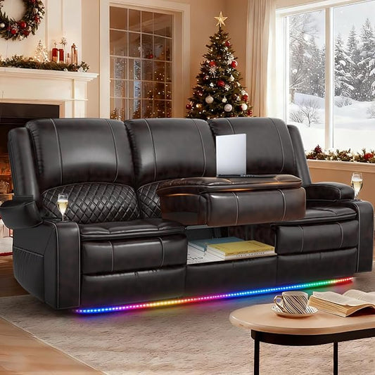 Recliner Sofa 3 Seater Sofa with Recliner, Home Theater Seating with Liftable Console & Removable Armrest, Manual PU Leather Reclining Couch with Cup Holders & USB Ports for Living Room/RV (PU,Brown)