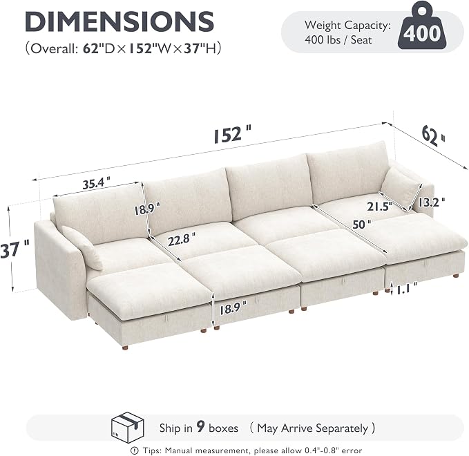 Ihanherry 152" Oversized Modular Sectional Sofa, Modern Cloud Couch with 4 Storage Ottoman, 8-Seat Comfy Chenille Deep Seat Sofa with 2 Pillows for Living Room, Beige