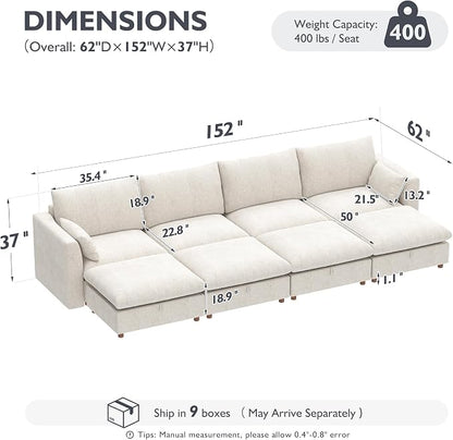 Ihanherry 152" Oversized Modular Sectional Sofa, Modern Cloud Couch with 4 Storage Ottoman, 8-Seat Comfy Chenille Deep Seat Sofa with 2 Pillows for Living Room, Beige