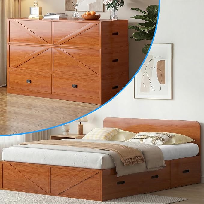PUREMIND Murphy Bed Full with Mattress Included, Wood Cabinet Bed with Dual Storage Drawers & 2 Pillows, 3-in-1 Convertible Sofa Beds for Small Space, Guest Room, Cherry