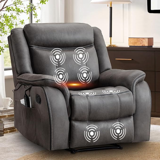 Massage Recliner Chair with Heat, Faux Leather Recliner Chairs for Adults, 39" Wide Manual Reclining Ergonomic Lounge Chair, Overstuffed Wall Hugger Recliners for Living Room, Grey