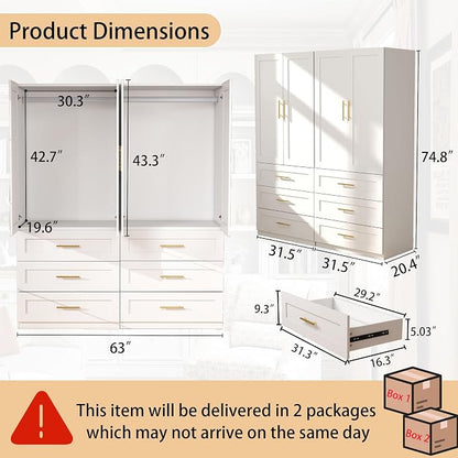 White Wardrobe with 4 Doors: 75" Tall Armoire Wardrobe Closet with 6 Drawers, Bedroom Closet Cabinet for Hanging Clothes, Wooden Storage Armoire with Shelves (Modern, 2)