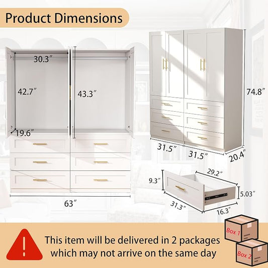 White Wardrobe with 4 Doors: 75" Tall Armoire Wardrobe Closet with 6 Drawers, Bedroom Closet Cabinet for Hanging Clothes, Wooden Storage Armoire with Shelves (Modern, 2)