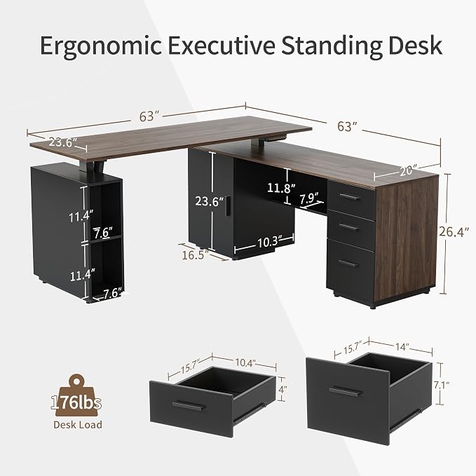 FEZIBO 63" L Shaped Standing Desk with Storage, Executive Height Adjustable Table, Deep Wood Grainy