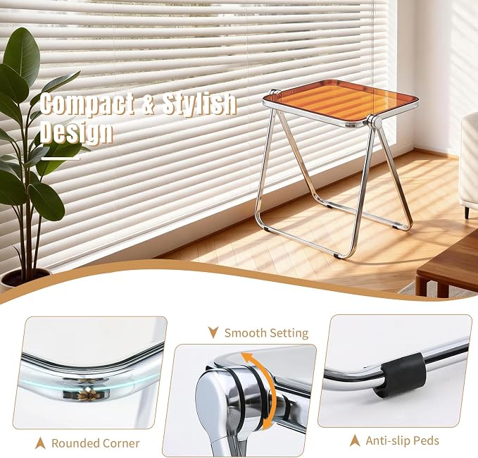 Acrylic Folding Table - Modern TV Tray Dinner Table for Eating on Couch - Small Folding Table Foldable Computer Desks Space-Saving with Chrome Frame No Assembly Required -Tawny