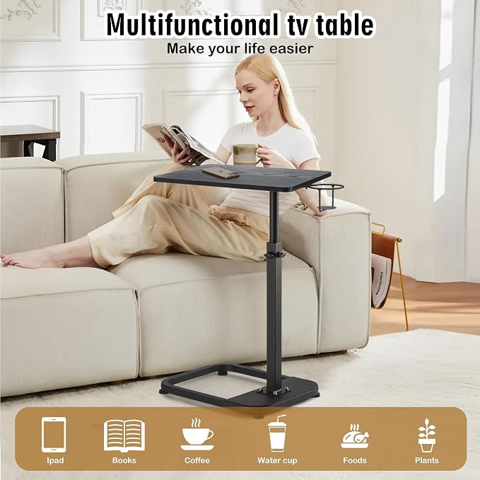 facka Multi-Functional C-Shaped End Table for Couch & Bed, Adjustable Height TV Tray, Stable Laptop Desk, Space-Saving Snack Side Table with Rounded Metal Corners