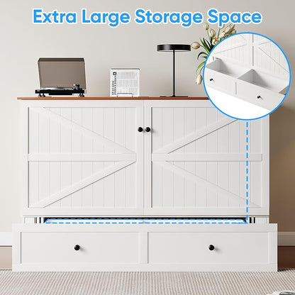 PUREMIND Murphy Bed Full with Mattress Included, Farmhouse Frame Cabinet Beds Chest with Charging Station & Storage Drawers, Convertible Hideaway Cabinet Bed for Guest Room, White