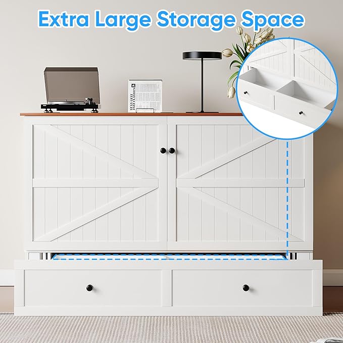 PUREMIND Murphy Bed Queen with Mattress Included, Farmhouse Frame Cabinet Beds Chest with Charging Station & Storage Drawers, Convertible Hideaway Cabinet Bed for Guest Room, White