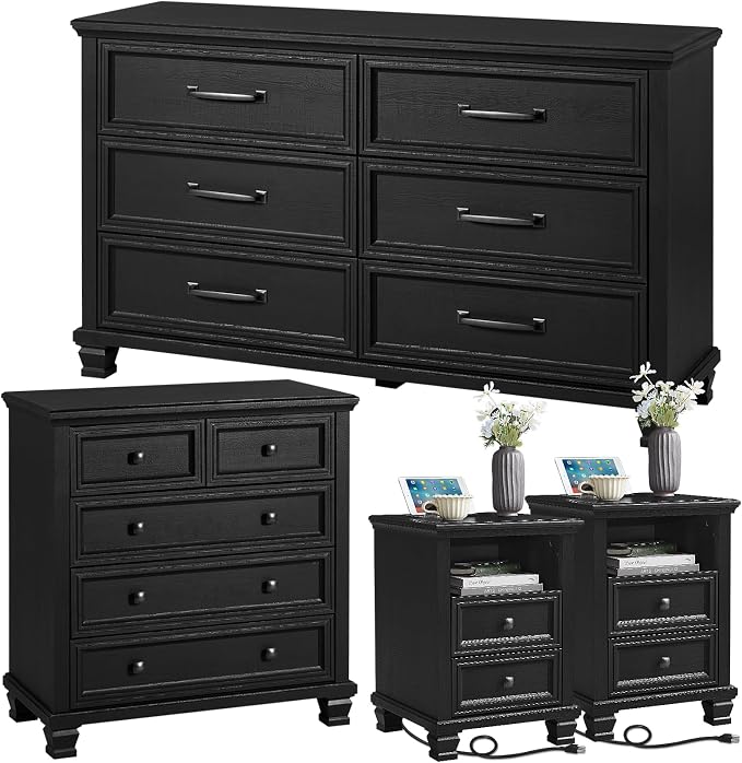 SAVOR LIFE Farmhouse Dresser and Nightstand Sets of 4 Piece, 5/6 Drawer Dresser and 2 Drawer Nightstand Set, Rustic Wood Bedroom Furniture Set for Home, Hallway,Black