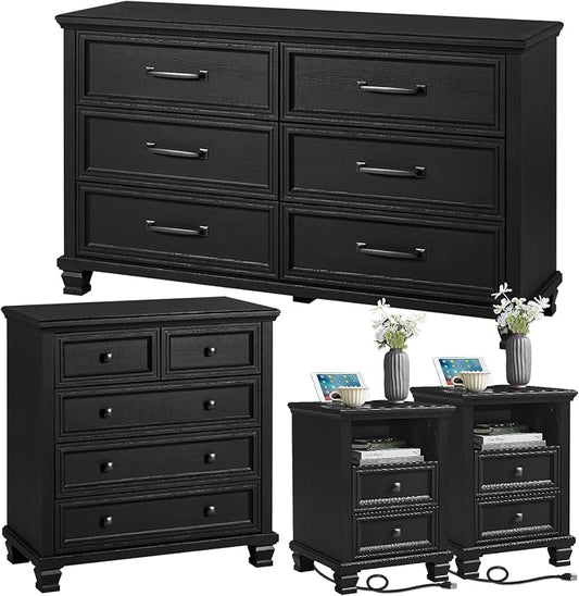 SAVOR LIFE Farmhouse Dresser and Nightstand Sets of 4 Piece, 5/6 Drawer Dresser and 2 Drawer Nightstand Set, Rustic Wood Bedroom Furniture Set for Home, Hallway,Black