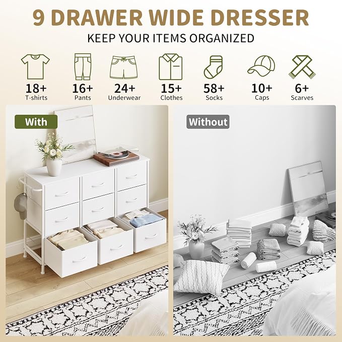 Dresser for Bedroom, Small Fabric Dressers for Kids Bedroom, 9 Drawers Dresser for Closet, Storage Organizer Chest of Drawers for Nursery, Dorm, Apartment, TV Stand, Wooden Top, Side Hooks (White)
