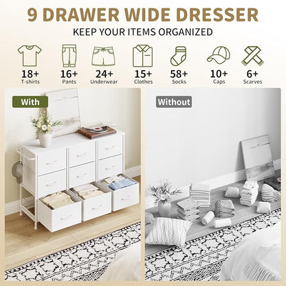 Dresser for Bedroom, Small Fabric Dressers for Kids Bedroom, 9 Drawers Dresser for Closet, Storage Organizer Chest of Drawers for Nursery, Dorm, Apartment, TV Stand, Wooden Top, Side Hooks (White)