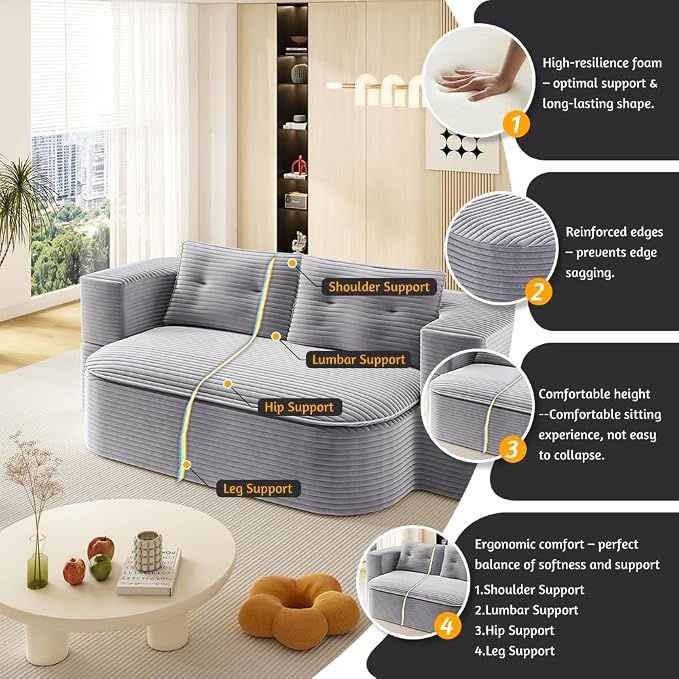 78.7" Futon Sofa Bed, 2-in-1 Foldable Sleeper Sofa, Convertible Floor Couch with Pillows, Corduroy Couch with Multi Functional Blanket Upholstered Boneless Couches for Living Room, Light Gray