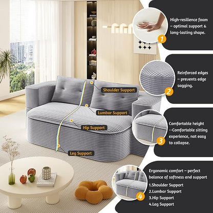 78.7" Futon Sofa Bed, 2-in-1 Foldable Sleeper Sofa, Convertible Floor Couch with Pillows, Corduroy Couch with Multi Functional Blanket Upholstered Boneless Couches for Living Room, Light Gray