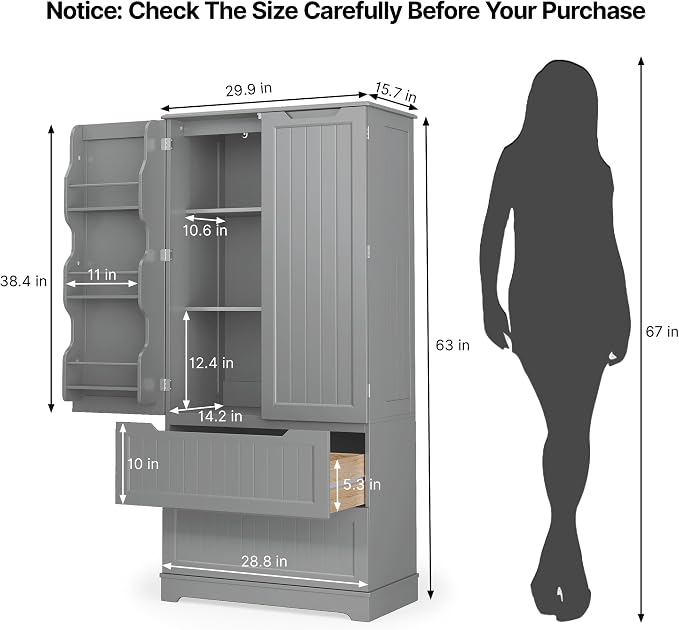 Gizoon Pantry Storage Cabinet with Drawers Freestanding Kitchen Storage Cabinets with Doors and Shelves, 63" Food Pantry for Dining Room Craft Room, Gray, Painted