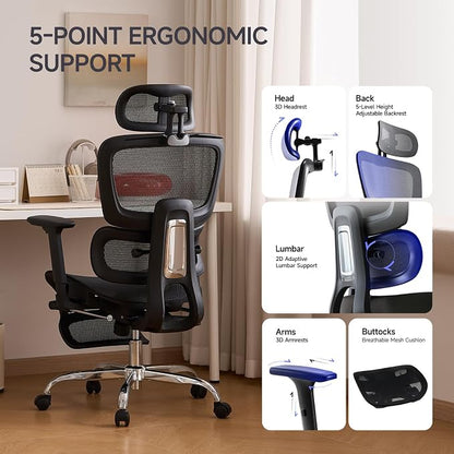 Office Chair with Footrest, Ergonomic Chair with 3D Headrest, Computer Chair with Adjustable Backrest & 3D Armrest, Gaming Chair with Adaptive Lumbar Support, Mesh Backrest & Cushion, Black