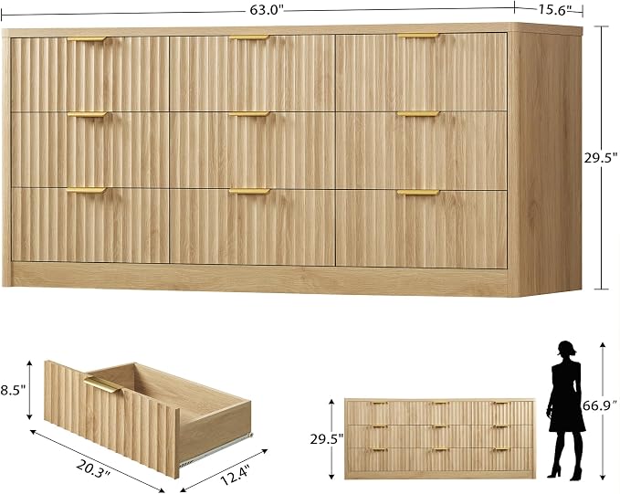 TEENFON 63" Dresser for Bedroom with 9 Drawers, Modern Dressers & Chest of Drawers with Metal Handles, Fluted Dresser, Wood Closet Clothes Storage Organizer for Living Room, Hallway, Natural