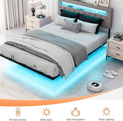 VINGLI Queen Floating Bed Frame with Headboard Heavy Duty Metal Frame, Storage Shelf, LED Lights Charging Station, Modern Platform Bed, Adjustable Headboard, No Box Spring Needed, Grey