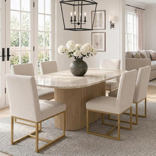 HNY Modern Dining Chairs Set of 6, Upholstered Linen Dining Room Chairs with Ergonomic Back & Polished Gold Metal Frame for Home, Kitchen, Apartment, Cream