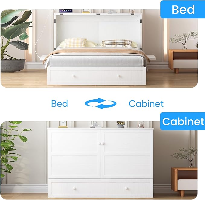 PUREMIND Queen Murphy Bed Cabinet, Murphy Bed with Mattress Included, Storage Drawer and Bedside Panel, Built-in Charging Station, Solid Wood Space-Saving Wallbed Hideaway Beds for Guest Room