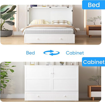 PUREMIND Queen Murphy Bed Cabinet, Murphy Bed with Mattress Included, Storage Drawer and Bedside Panel, Built-in Charging Station, Solid Wood Space-Saving Wallbed Hideaway Beds for Guest Room