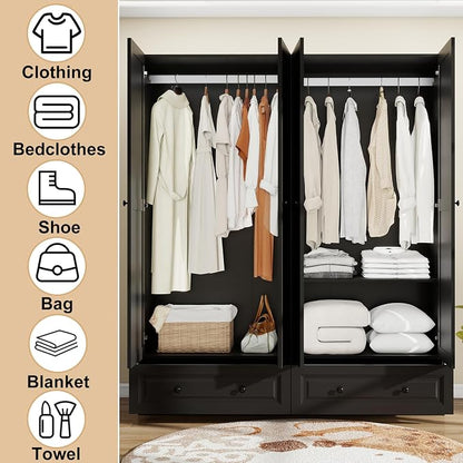 Armoire Wardrobe Closet with Drawers: 74" Black Tall Wooden Wardrobe Closet for Hanging Clothes, Large Bedroom Armoires with 2 Drawers, 4 Door Armoire Storage Cabinet (Black, 63")