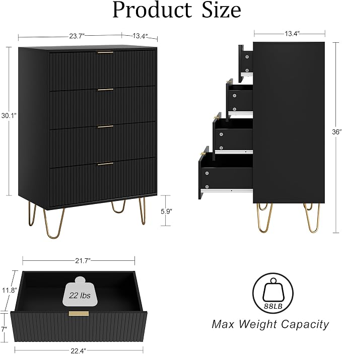 Masupu 4 Drawer Dresser, Drawer Chest, Tall Storage Chest Cabinet Organizer Unit with Metal Legs, Small Dresser for Bedroom, Living Room, Closet, Hallway Black Stripe