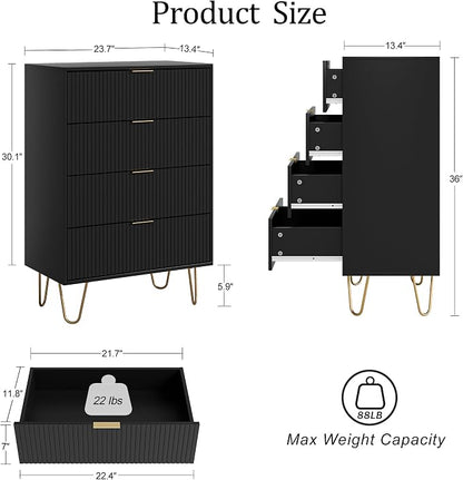 Masupu 4 Drawer Dresser, Drawer Chest, Tall Storage Chest Cabinet Organizer Unit with Metal Legs, Small Dresser for Bedroom, Living Room, Closet, Hallway Black Stripe