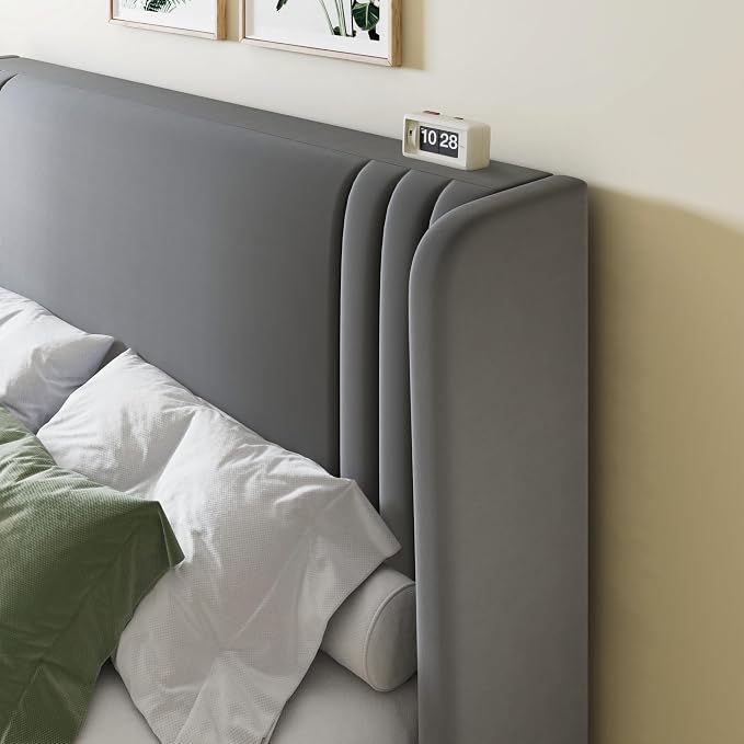 Allewie Queen Size Velvet Platform Bed Frame with Vertical Tufted Wingback Headboard, Easy Assembly, Under Bed Storage, No Box Spring Required, Modern Style, Grey
