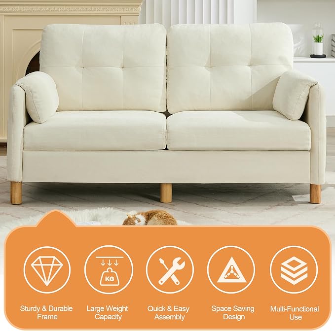 WUTUTUEE 65" Chenille Loveseat Sofa, Modern 2-Seater Love Seat Couch with Armrest Pillows, Storage Pockets, Easy Assembly, Upholstered Tufted Loveseat Sofa Couches for Living Room Bedroom, Beige