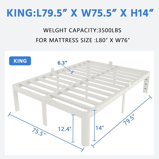 White King Size Bed Frame 14 Inch, Metal Camas King Bed Frame No Box Spring Needed, Heavy Duty Steel Support 3500 LBS, DIY Headboard, Noiseless, Round Corner Legs, Storage Space, Easy Assembly