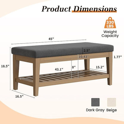 Apicizon 45" Shoe Rack Bench with Upholstered Cushion, Solid Rubberwood Entryway Shoe Bench, Modern Chenille Ottoman Bench with Storage for Hallway Bedroom Living Room Front Door Entrance, Dark Gray