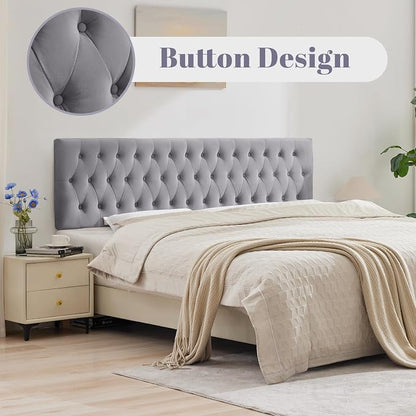 Tufted Upholstered Twin Size Velvet Headboard in Modern Button Design, Adjustable Solid Wood Head Board, Premium Sponge Padded Headboards in Bedroom (Gray)
