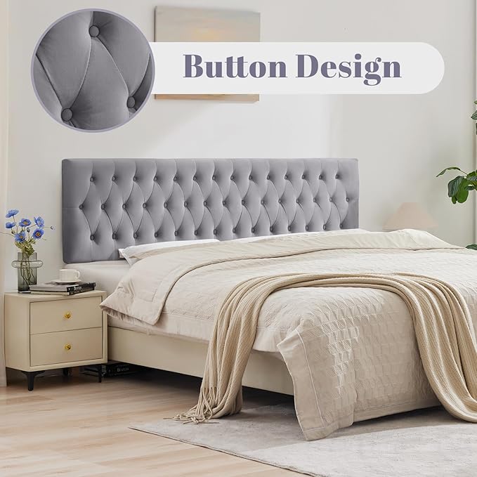 Tufted Upholstered Queen Size Bed Headboard in Modern Button Design, Adjustable Solid Wood Head Board, Premium Velvet Fabric Padded Headboards in Bedroom (Gray, Queen)