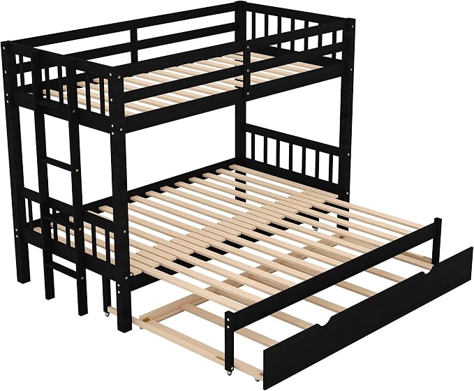 Extendable Bunk Bed with Trundle, Twin Over Double Twin Bunk Bed Frame, Upgraded Version Wooden Bunk Bed with Trundle, Pull-Out Bunk Bed Frame Can Be Extendable, No Spring Box Needed, Espresso