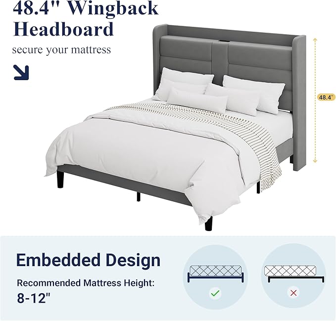 Allewie Queen Size Platform Bed Frame with Charging Station & Storage Headboard, Upholstered Velvet Wingback Design & USB Port, Strong Wooden Slats Support, No Box Spring Needed, Easy Assembly, Grey
