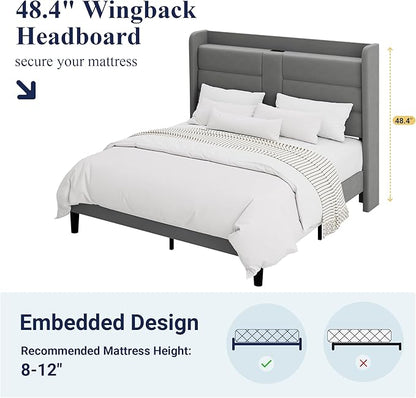 Allewie Queen Size Platform Bed Frame with Charging Station & Storage Headboard, Upholstered Velvet Wingback Design & USB Port, Strong Wooden Slats Support, No Box Spring Needed, Easy Assembly, Grey