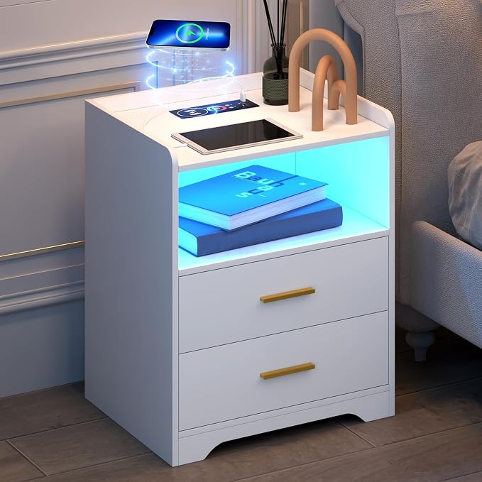 dnbss White LED Nightstand with Charging Station and 24-Color RGB Lights, Smart Night Stand with Human Sensor Lighting, Modern Bedside Table for Bedroom