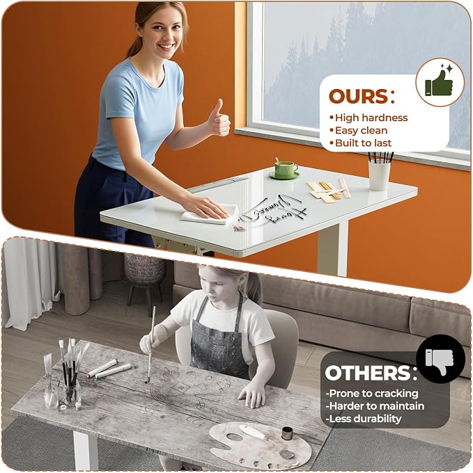 32" Glass Standing Desk,90°Tilt Whiteboard Electric Drafting Table | White Foldable One-piece Electric Height Adjustable Drawing Table with 4 Lockable Wheels, Small Portable Rising Workstation