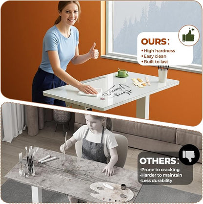32" Glass Standing Desk,90°Tilt Whiteboard Electric Drafting Table | White Foldable One-piece Electric Height Adjustable Drawing Table with 4 Lockable Wheels, Small Portable Rising Workstation