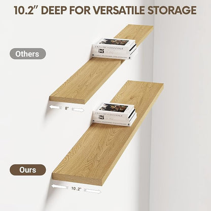 Vivelove 10" Deep Floating Shelves with Invisible Brackets, 47" Wall Shelves for Bathroom Bedroom Kitchen Living Room Laundry Room, Modern Rustic Shelves for Home Decor, 47.2"x10.2"x1.5"Set of 2, Oak