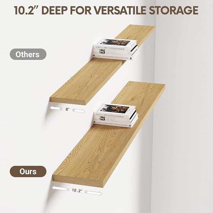 Vivelove 10" Deep Floating Shelves with Invisible Brackets, 40" Wall Shelves for Bathroom Bedroom Kitchen Living Room Laundry Room, Modern Rustic Shelves for Home Decor, 40"x10.2"x1.5", Set of 2, Oak